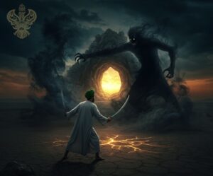 Man fighting demon near a light portal