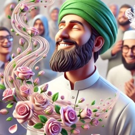Man smiling with flowers flowing to heart