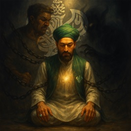 Man with glowing chest chained