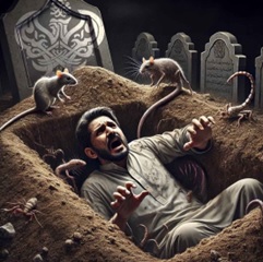 Man screaming in grave surrounded by rats