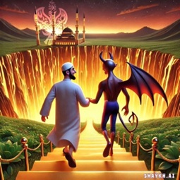 Man holds hands with devil before fiery pit