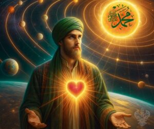 Man with lit heart standing near planetary system