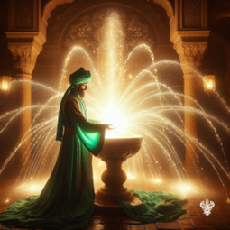 Man standing at heavenly fountain beaming lights