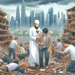 Man helping victim from building rubble
