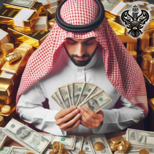 A greedy Muslim man hoarding money surrounded by gold bars, coins, and cash