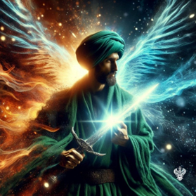 Man holding heavenly sword on winged background