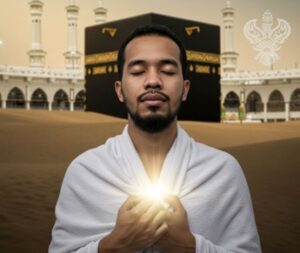 Man holding light near Kabah
