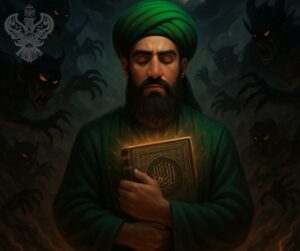 Man holding Holy Qur'an surrounded by demons
