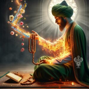 Man holding tasbih emanating energy