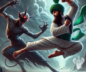 Man kickfighting demon