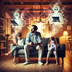 Kids on devices with jinn as man looks on
