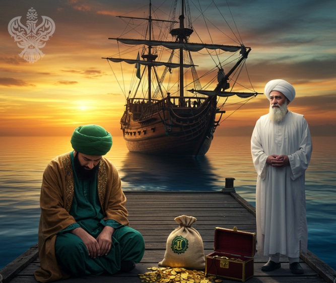 Man looking down next to spilled gold coins near shaykh