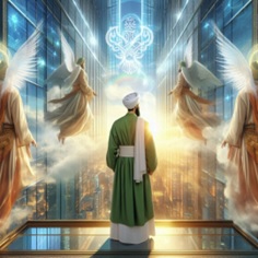 Man looking out surrounded by angels