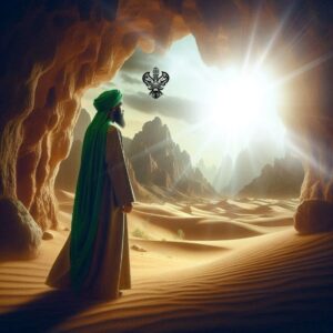 Man looking outside cave towards heavenly blast of light
