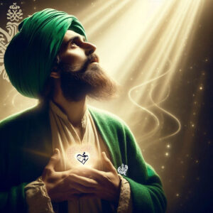 Man looking up to heavenly light with Muhammadan heart