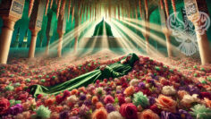 man lying in grave full of flowers