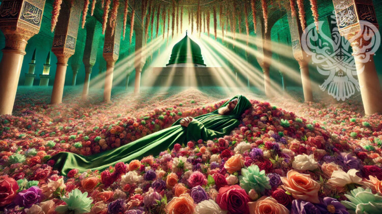 man lying in grave full of flowers