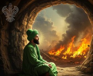 Man meditating in cave with fires outside