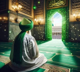 Man meditating near door that opens to Madina