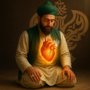 Man meditating with glowing heart