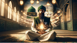Man meditating in front of the green dome of Madina sitting upon the Holy Ka'bah
