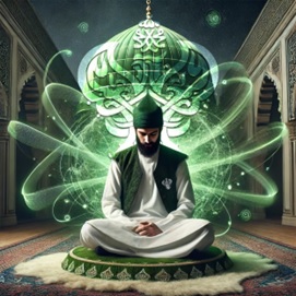 Man meditating at green dome of Madina