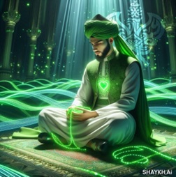 Man meditating with glowing green tasbih