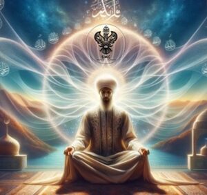 Man meditating among light waves