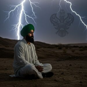 Man meditating while lightning strikes
