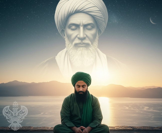 Man meditating near water with img of shaykh in sky