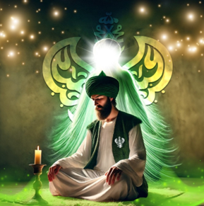 Heavenly being present during man meditating by candlelight