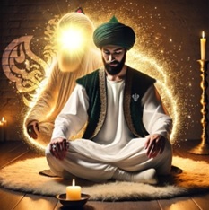 Man meditating in presence of heavenly being