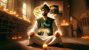 Man meditating with Mecca and Madina within heart