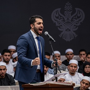 Man speaking on microphone in front of crowd