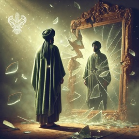 Man standing before shattering mirror