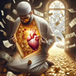Man looking at chest filled with money next to heart