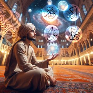Man sitting in mosque next to names of 4 khalifas