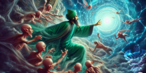 Man moving towards heavenly portal chased by demons