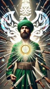 Daggers pointing at man with Muhammadan heart