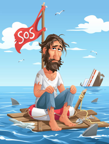scruffy, depressed looking man sitting on a raft floating in the sea, ocean. sos.