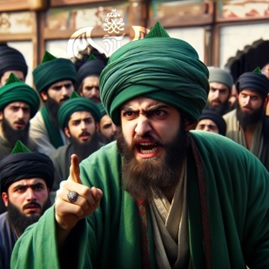 Man pointing angrily with a crowd behind him