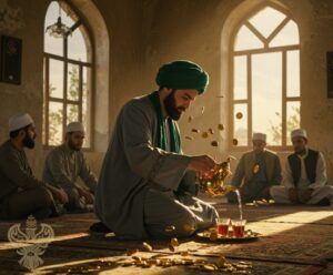 Man pours tea among falling coins