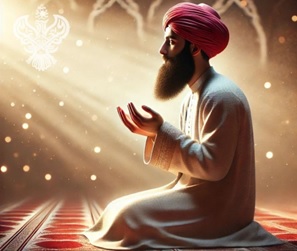 Man praying in heavenly lights