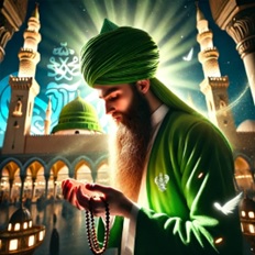 Man praying in front of green dome of Madina