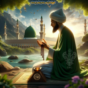 Man praying with green dome in distance