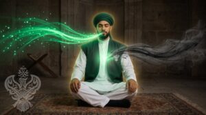 A Sufi man in a Sunnah suit meditates as luminous green energy flows into him with each breath while dark smoke representing negativity flows outward.