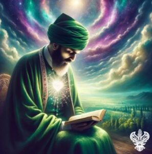 Man reading book with lit chest under a multicoloured sky