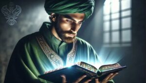 Man reading glowing holy Qur'an