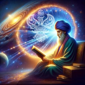 Man reading holy Qur'an on a galaxy background