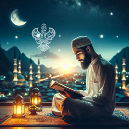 Man reading Holy Qur'an at moonlight